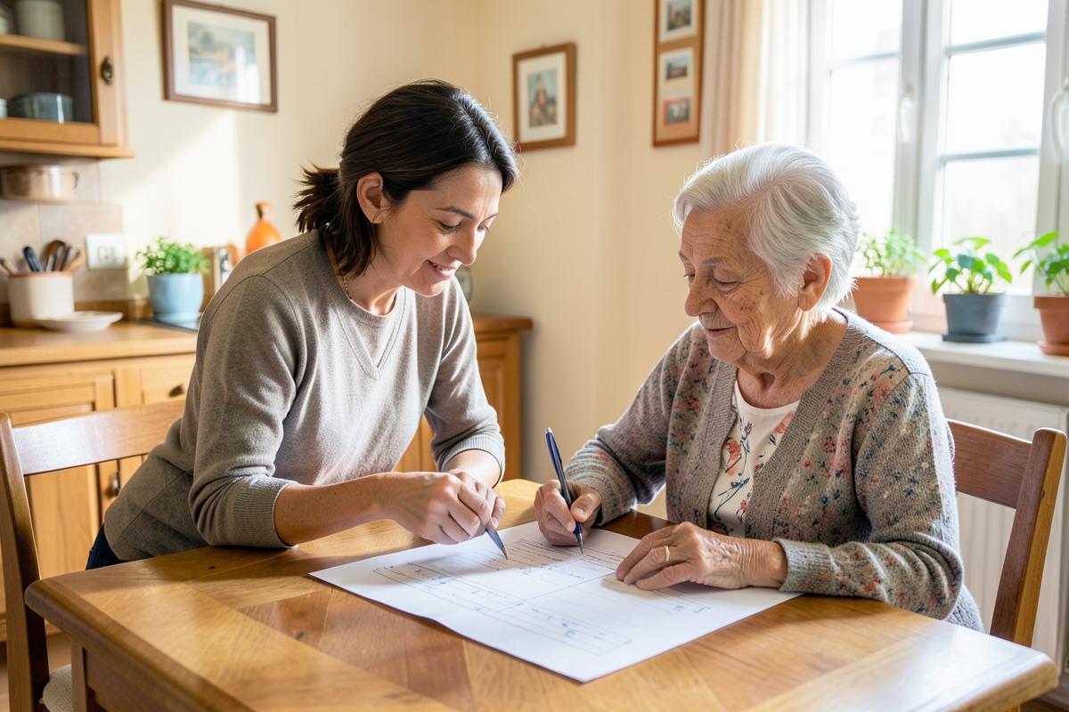 Caregiver che organizza l'assistenza insieme a una persona anziana